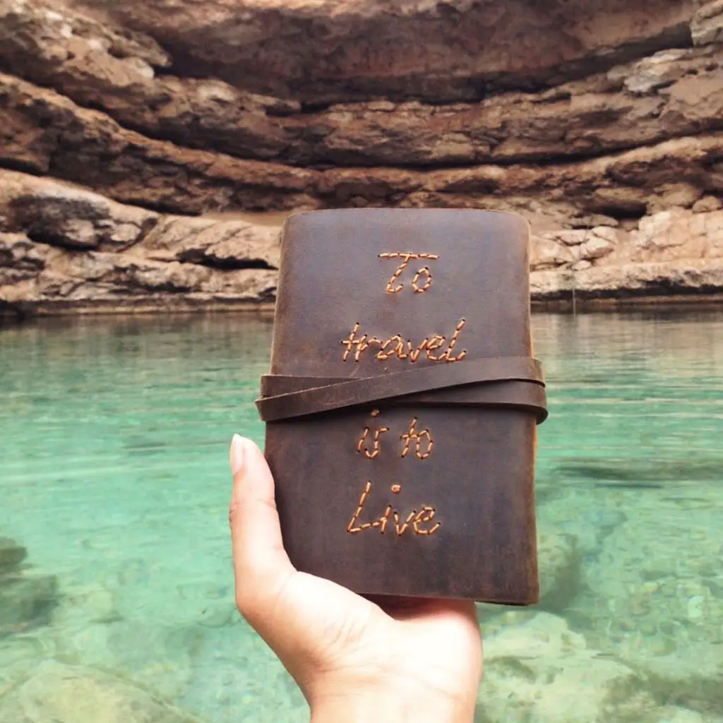 Custom Leather Travel Journal with Custom Stitched Quote - Bucket List Ideas